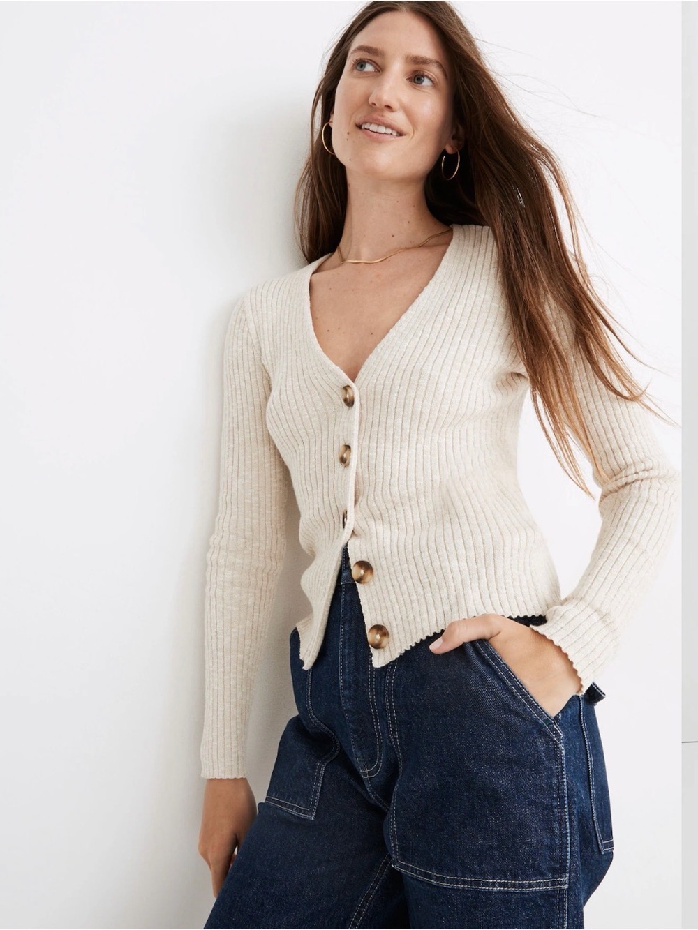 Madewell Shrunken Ribbed Cardigan Sweater in Heather Linen Size Medium
